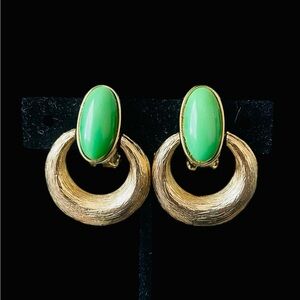 Vintage Bergere Gold-Tone Hoop Clip  Earrings with Green Glass Cabochons